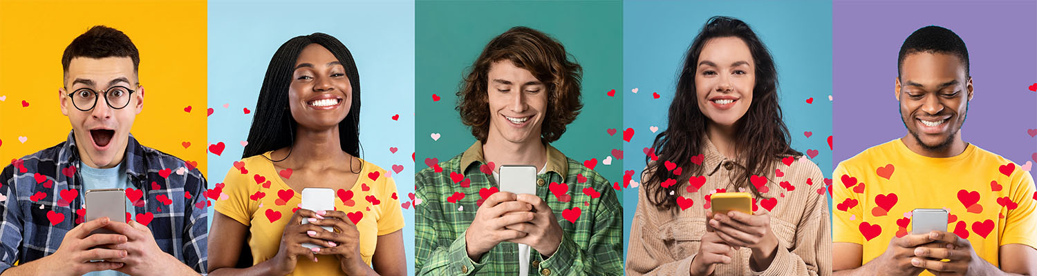 A group of people on their phones excited with red hearts