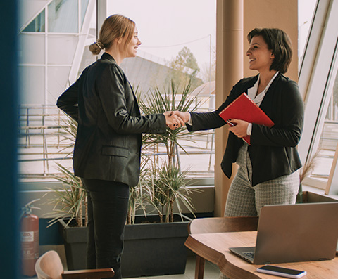 Two women shaking hands in an office