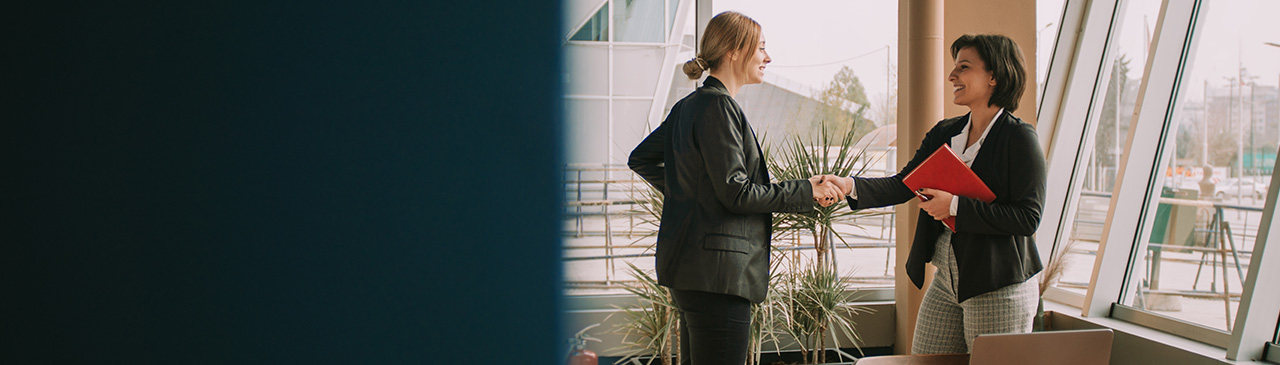 Two women shaking hands in an office