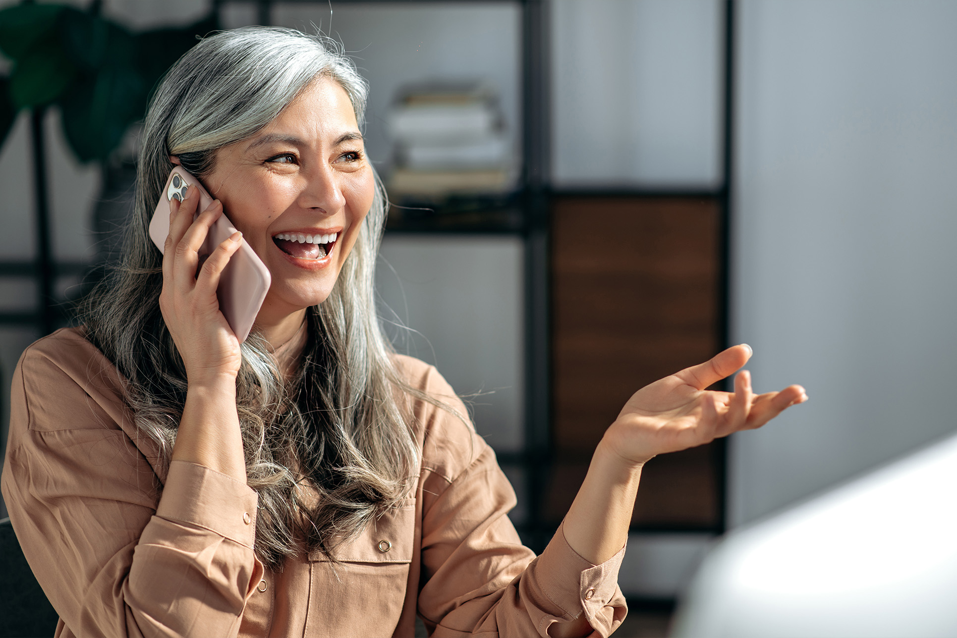 Older woman on phone.